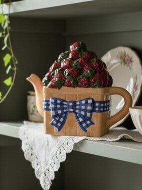 Peggy Jo Ackley Strawberry Ceramic Teapot Vintage Decor Farmhouse Cottagecore